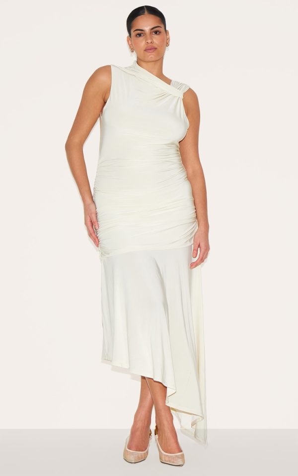 Plus Cream Double Layer Slinky Asymmetrical Ruched Detail Midaxi Dress