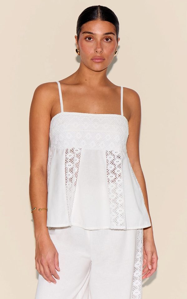 Petite White Linen Look Crochet Side Detail Top