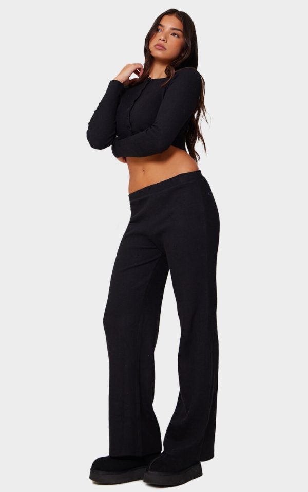Black Brushed Rib Wide Leg Pants