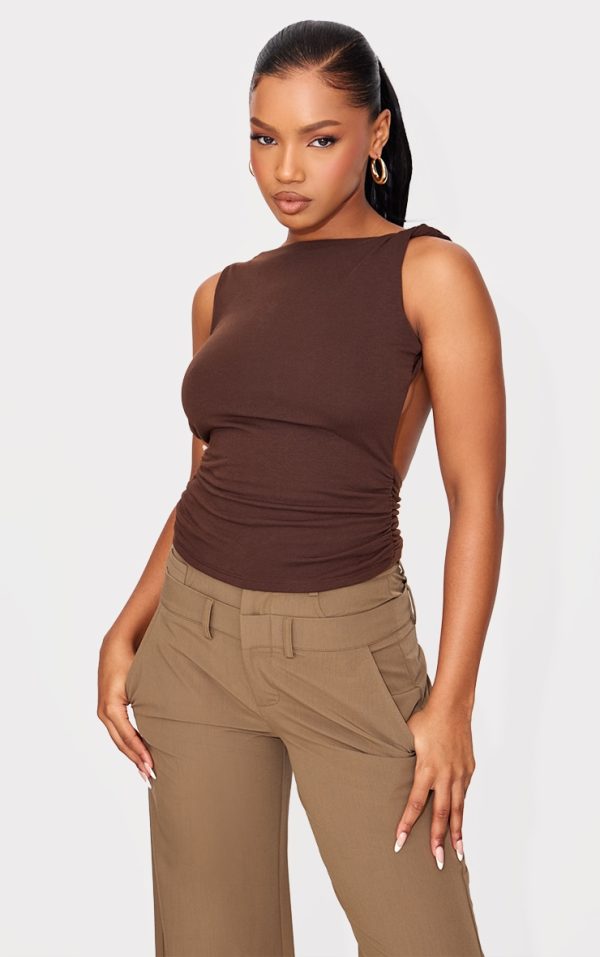 Chestnut Contour Jersey Twist Shoulder Backless Long Top