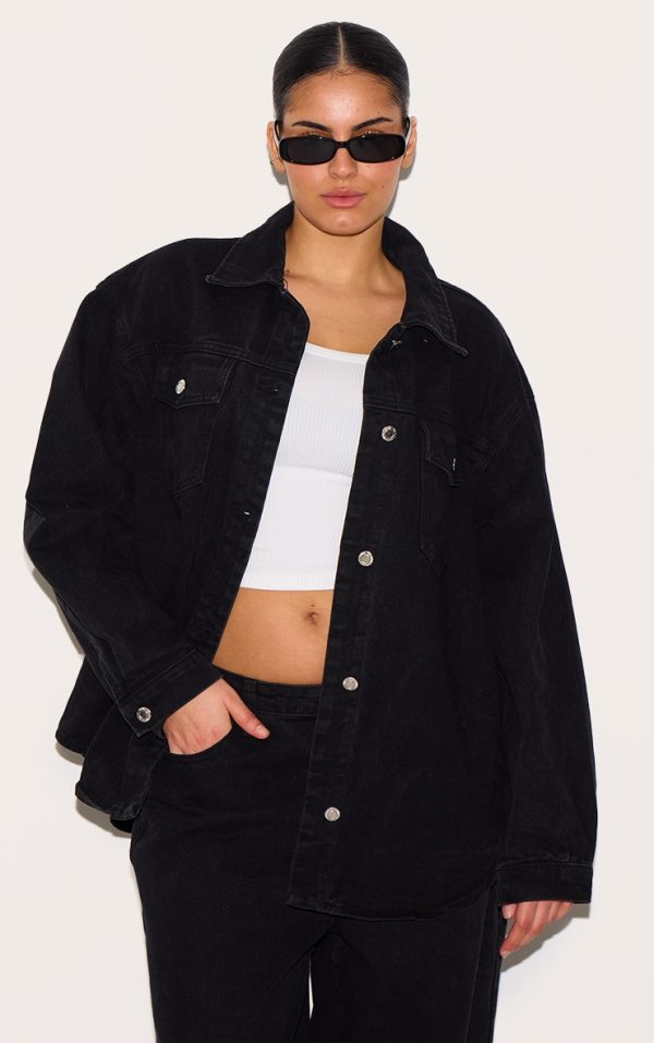 Plus Washed Black Long Sleeve Denim Shirt