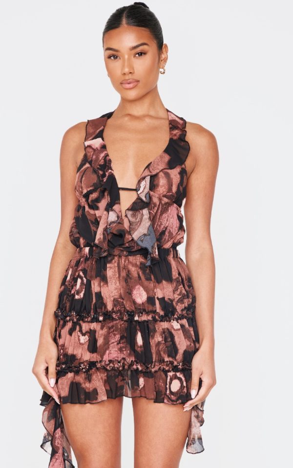 Brown Floral Abstract Printed Chiffon Frill Bodycon Dress