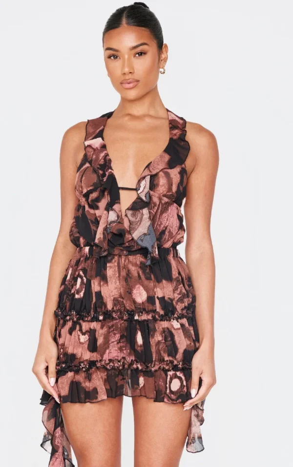 Brown Floral Abstract Printed Chiffon Frill Bodycon Dress