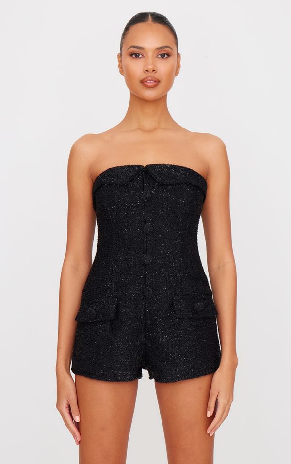 Black Tweed Bandeau Button Detail Romper