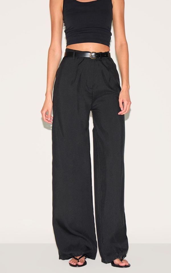 Black Woven Tailored High Waist Wide Leg Pants