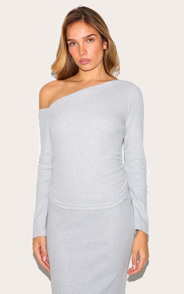Grey Marl Rib Slouchy Asymmetric Ruched Long Sleeve Top