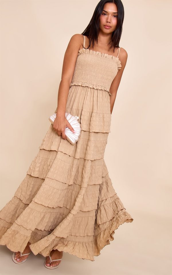 Stone Textured Shirred Tiered Maxi Dress