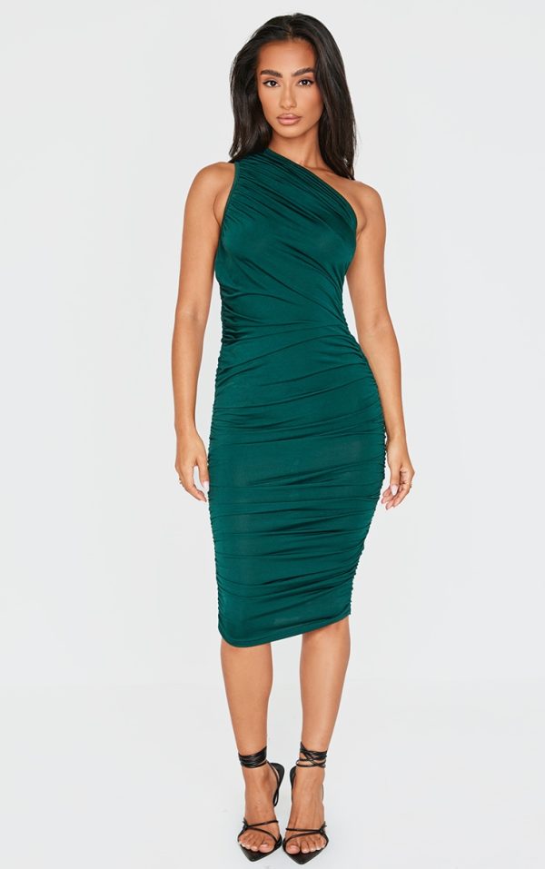 Petite Emerald Green Slinky Ruched One Shoulder Longline Midi Dress