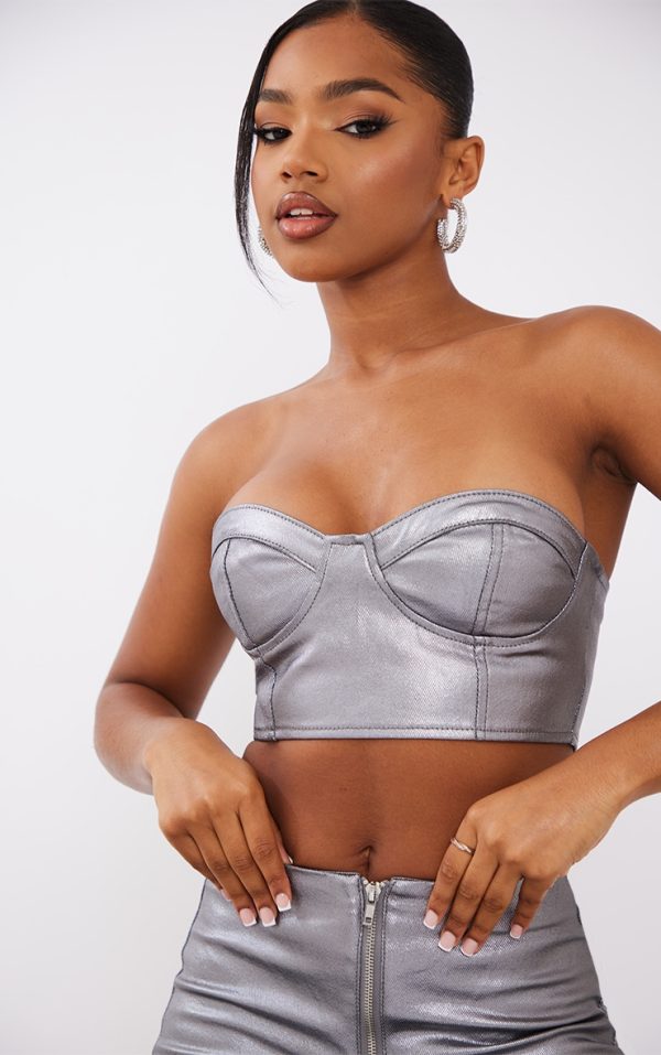 Gunmetal Metallic Look Coated Denim Bandeau Top