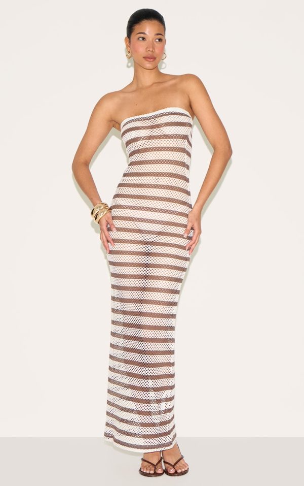 Taupe Textured Stripe Bandeau Maxi Dress