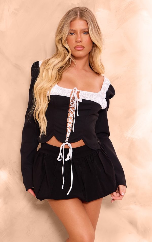 Black Woven Satin Ruched Bust Tie Front Top