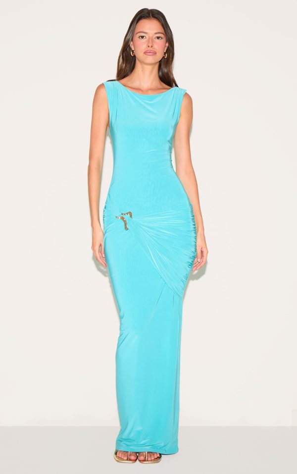 Blue Double Layer Ruched Trim Detail Maxi Dress