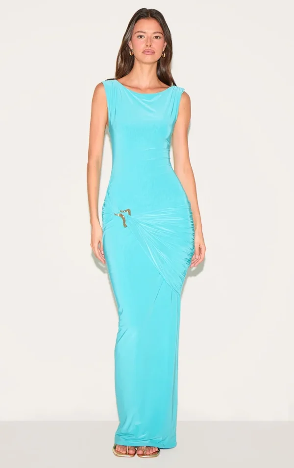Blue Double Layer Ruched Trim Detail Maxi Dress