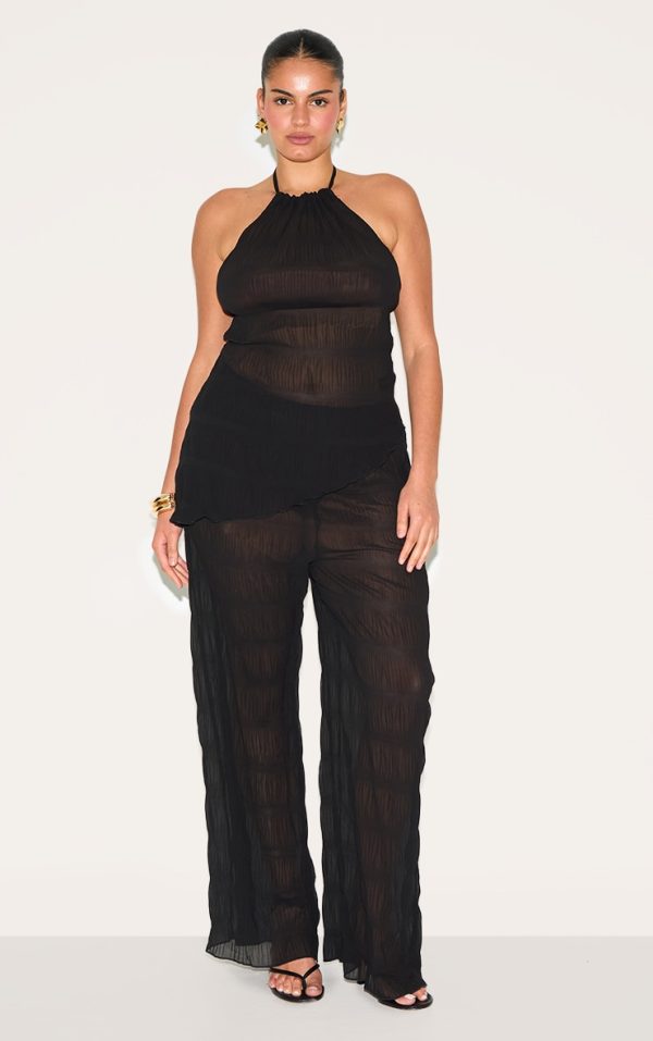 Plus Black Textured Sheer Woven Mid Rise Straight Leg Pant