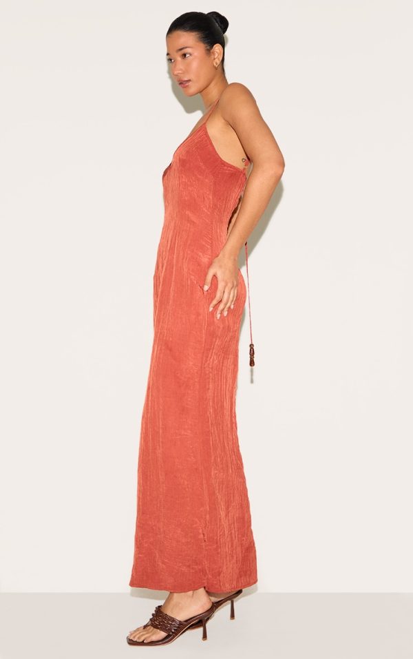 Rust Textured Beaded Detail Strappy Maxi Dress
