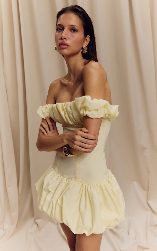 Lemon Ruched Bardot Puff Hem Bodycon Dress