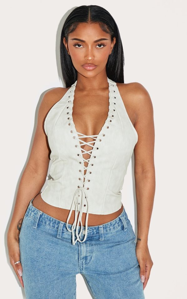 Shape Cream Washed Faux Leather Halter Neck Lace Up Corset