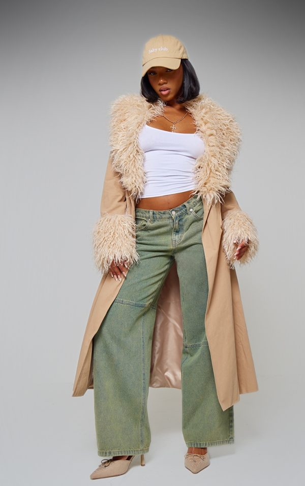 Sand Faux Fur Contrast Collar Self Tie Maxi Coat