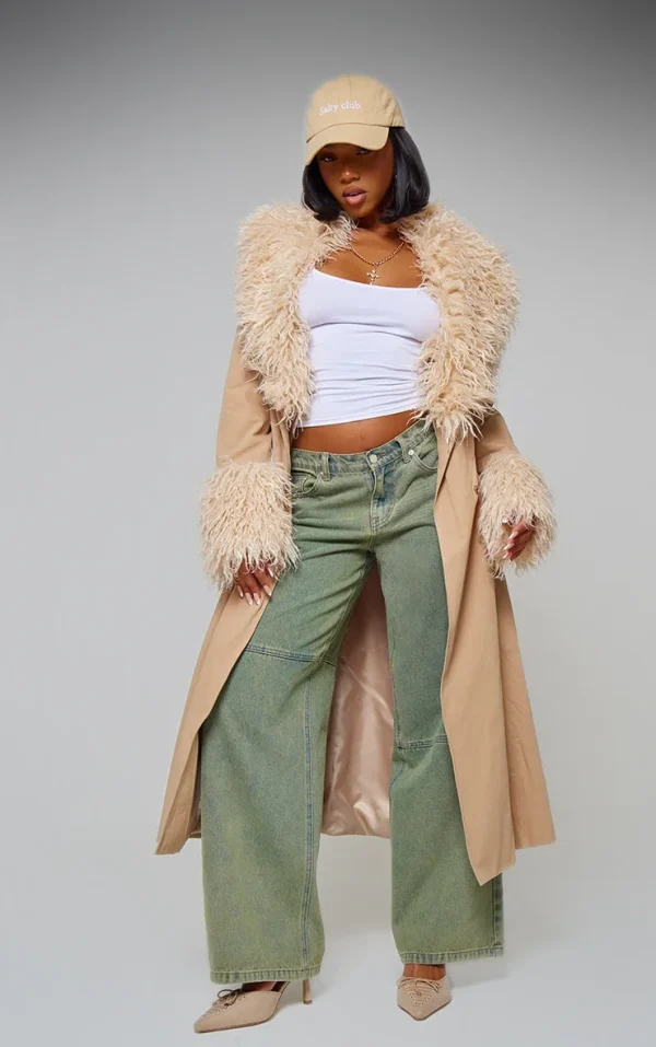 Sand Faux Fur Contrast Collar Self Tie Maxi Coat