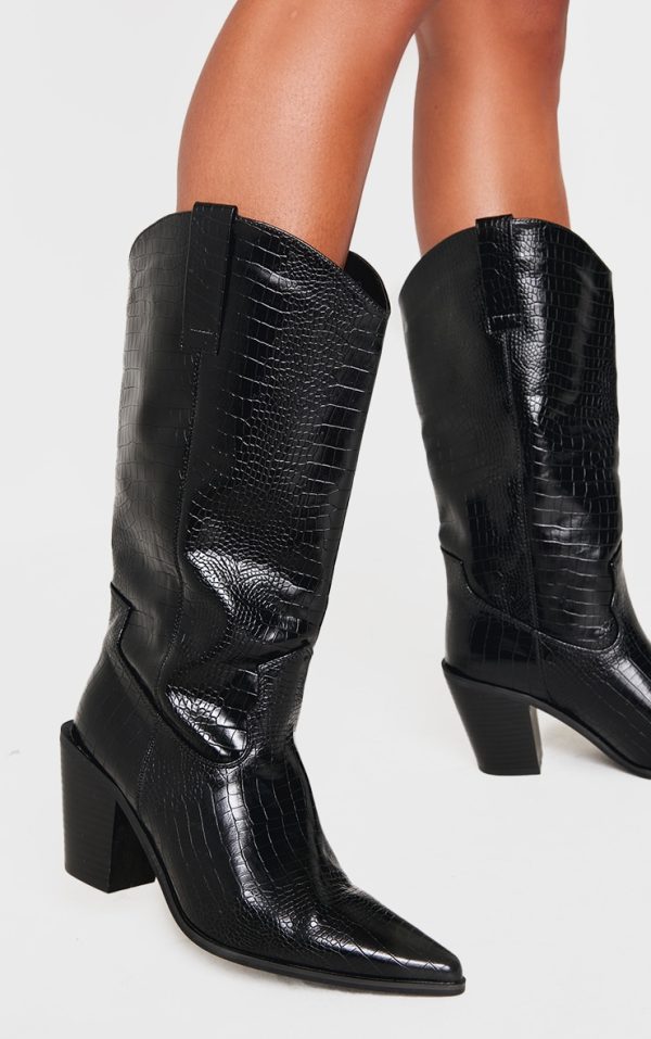 Black PU Wide Fit Croc Point Toe Knee High Western Boots