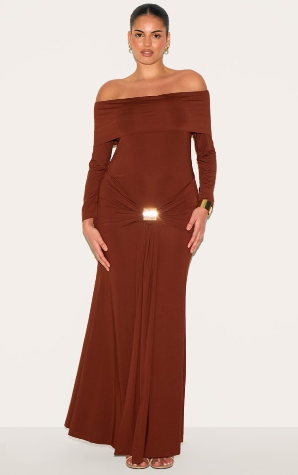 Plus Chocolate Bardot Long Sleeve Trim Drape Detail Maxi Dress