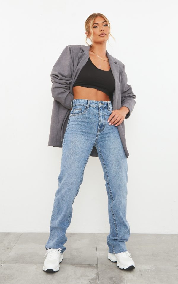 Mid Blue Wash Long Straight Leg Raw Hem Jeans