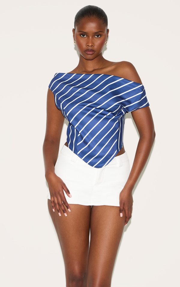 Indigo Blue Striped Satin Asymmetrical Sleeveless Top