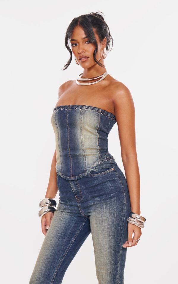 Tall Indigo Vintage Wash Eyelet Detail Denim Corset Top
