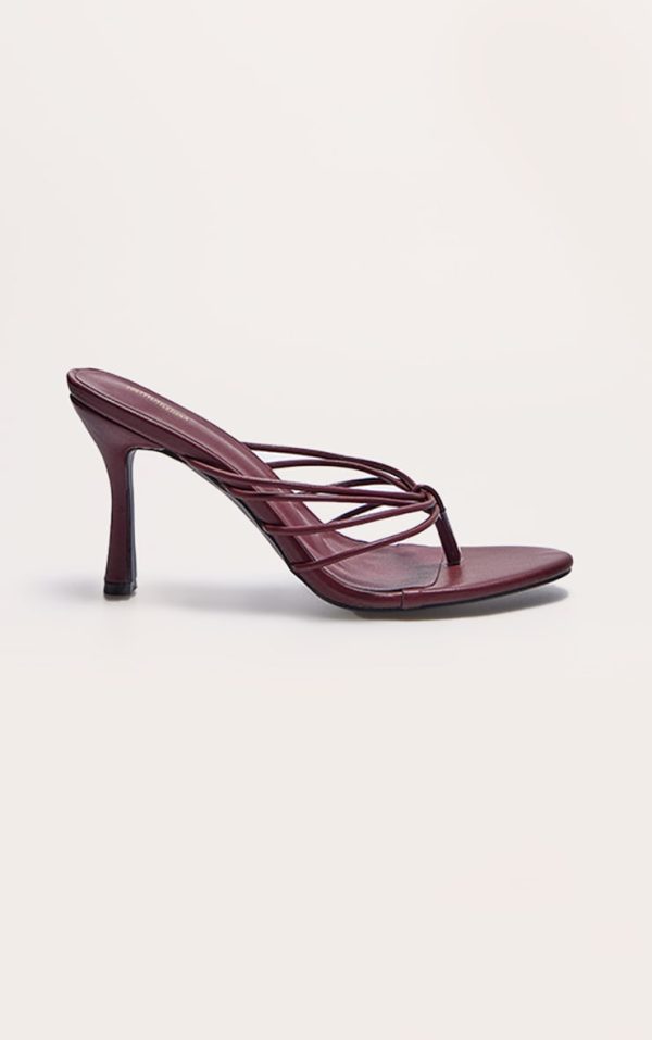 Burgundy Pu Round Toe Thong Strappy Mid Heeled Mules