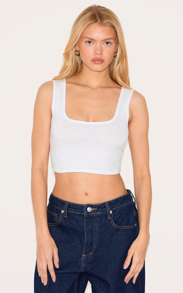 Basic White Cotton Blend Square Neck Crop Tank