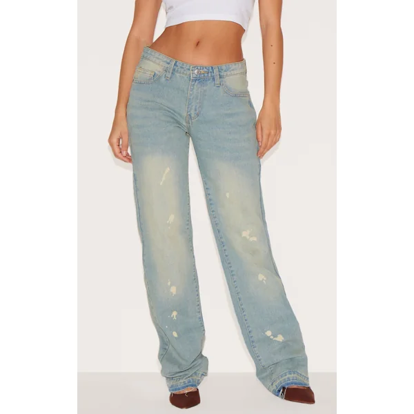 Faded Vintage Wash Splattered Effect Straight Leg Jeans