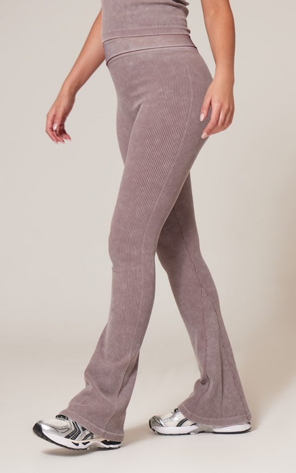 Taupe Faded Snatched Rib Flared Folded Waist Pants