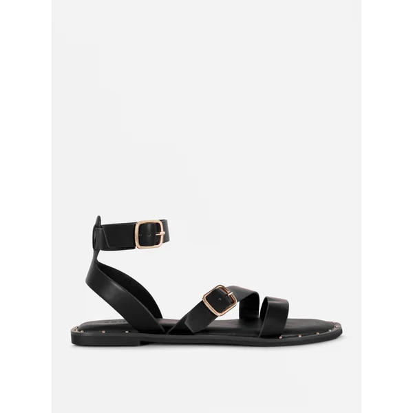 Faux Leather Asymmetric Stud Sandals - Black