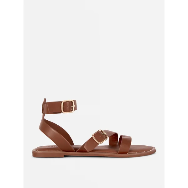 Faux Leather Asymmetric Stud Sandals - Tan