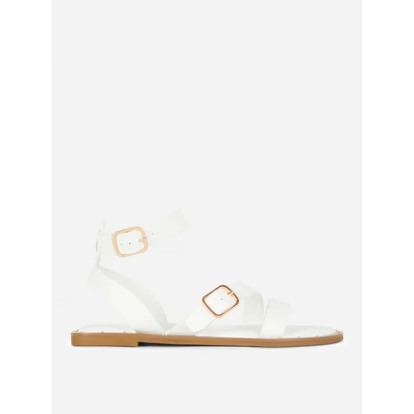 Faux Leather Asymmetric Stud Sandals - White