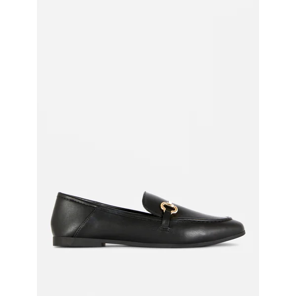 Faux Leather Buckle Loafers - Black
