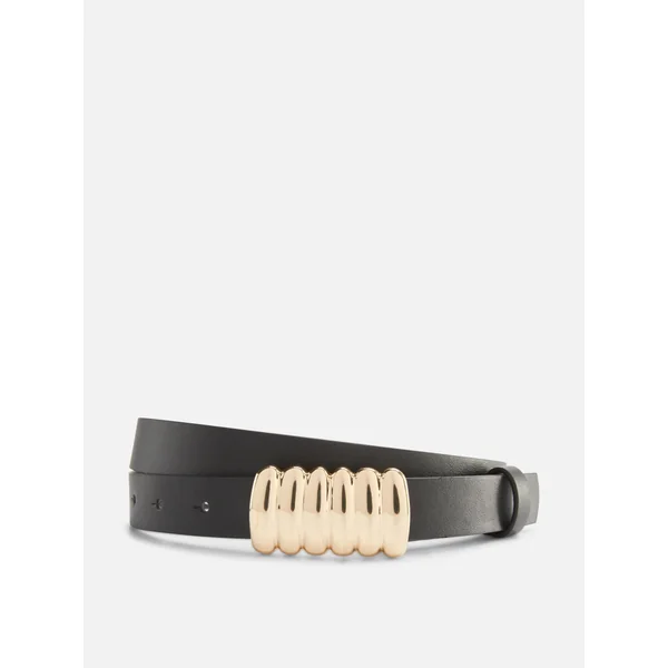 Faux Leather Gold Tone Buckle Belt - Black