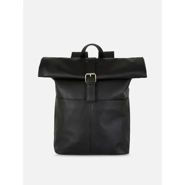 Faux Leather Roll Top Backpack - Black