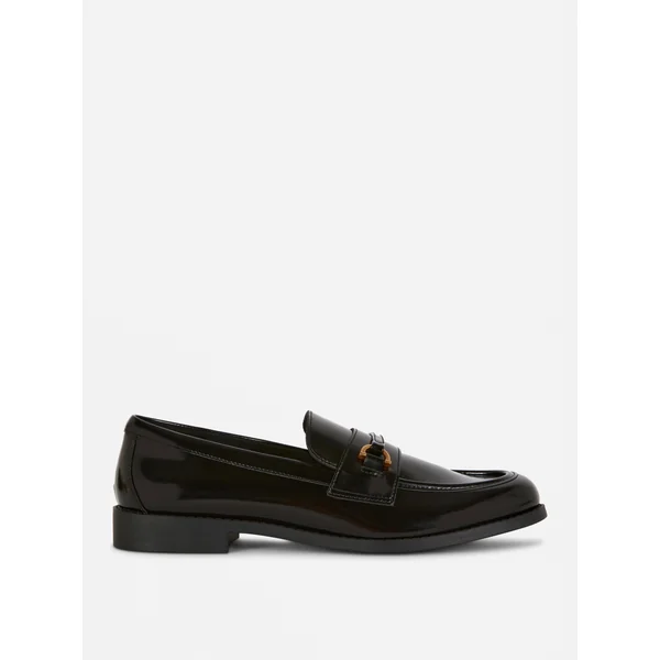 Faux Leather Snaffle Loafers - Black