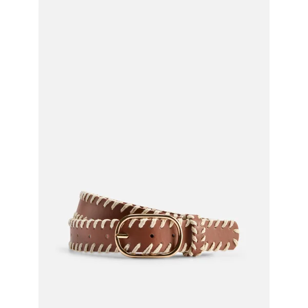 Faux Leather Stitch Detail Belt - Tan