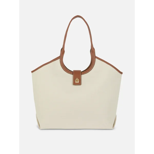 Faux Leather Trim Tote - Tan