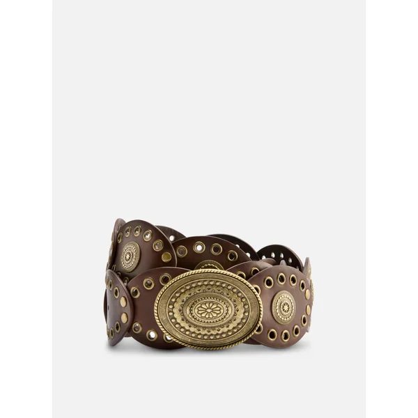 Faux Leather Western Disc Belt - Brown