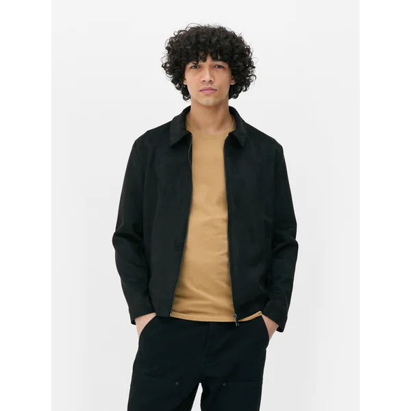 Faux Suede Collared Jacket - Black