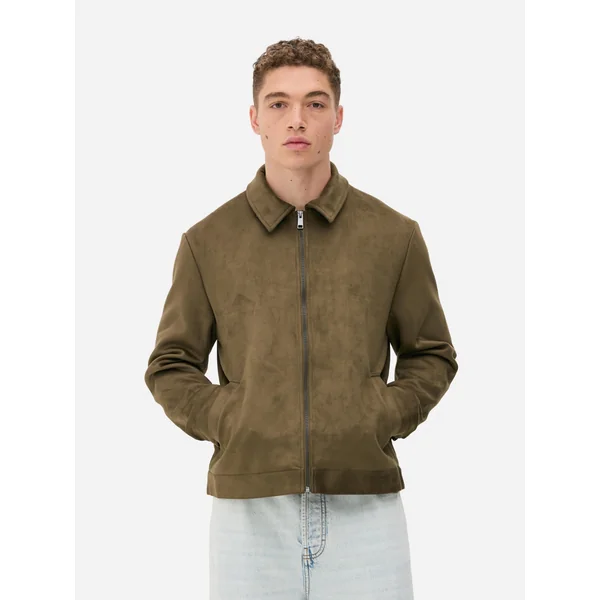 Faux Suede Collared Jacket - Olive