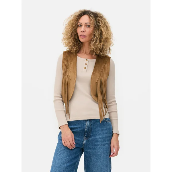 Faux Suede Fringed Vest - Tan