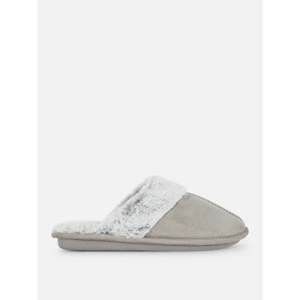 Faux Suede Slippers - Light Gray