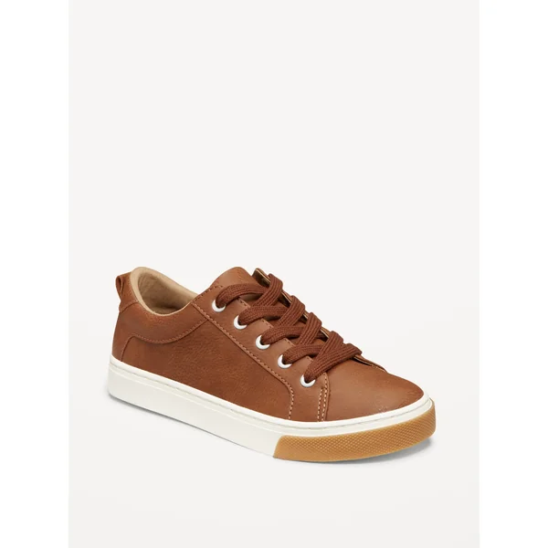Faux-Leather Gender-Neutral Lace-Up Sneakers for Kids - Cognac Brown