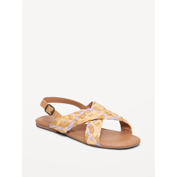 Faux-Leather Raffia Cross-Strap Sandals for Girls - Multi Color