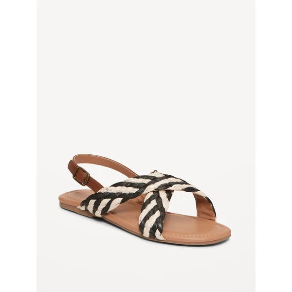 Faux-Leather Raffia Cross-Strap Sandals for Girls - Neutral