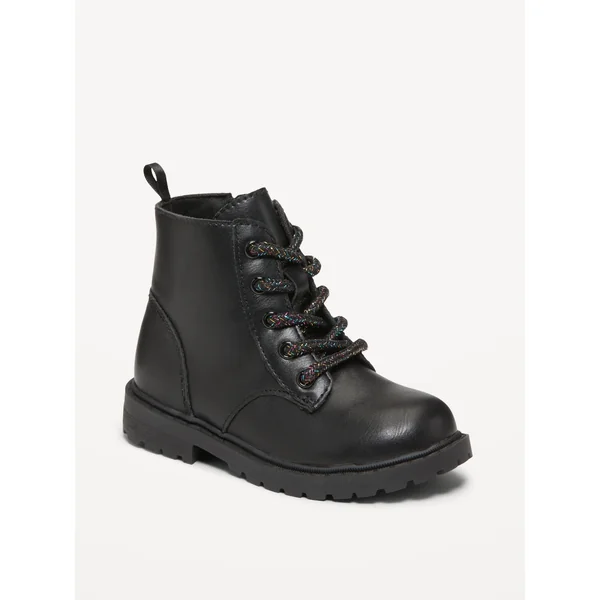Faux-Leather Side-Zip Combat Boots for Toddler Girls - Black